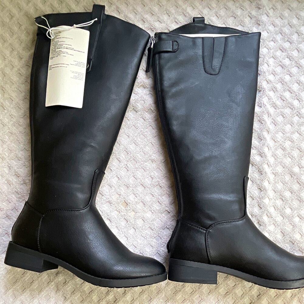 Amazon Essentials Volt Women’s Black Faux Leather Knee High Riding Boots Wide 6